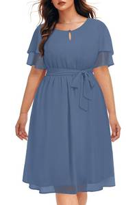 lot 2772 image: Pinup Fashion Women Plus Size Dresses Wedding Guest Dusty Blue Semi Formal Chiffon Flutter Sleeves Keyhole Neck Knee Length Dress 18W