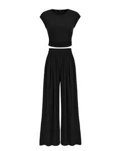 lot 2773 image: PRETTYGARDEN Womens Summer Two Piece Outfits Cap Sleeve Ruched Slim T Shirt Ribbed Knit Loose Fit Wide Leg Pant Sets(Black,Medium)
