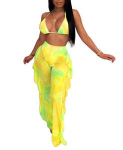lot 2786 image: Ophestin Womens Sexy Halter Sheer Bikini Ruffle Long Pants Set 2 Piece Swimsuit Yellow Size XXL