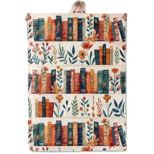 lot 2789 image: ICAAV Book and Flower Flannel Blanket 40x50in,Cozy Throw with Colorful Bookshelf and Floral Pattern on Cream,Soft Lightweight Gifts Blankets for Women,Book Lovers,Girls,Home Decor
