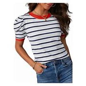lot 2778 image: Dokotoo Summer Tops for Womens 2026 Fashion Puffed Short Sleeve Cusual Shirts Crew Neck Lightweight Knit Sweaters Tunic Pullover Soft Green Stripe Cropped Bodycon Jumper X-Large