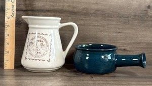 lot 158 image: Ceramic Pottery Set - White Pitcher and Blue Handled Cup