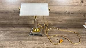 lot 245 image: Untested Brass and Chrome Bankers Desk Lamp with White Shade