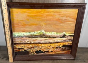 lot 249 image: Framed Ocean Sunset Seascape Oil Painting