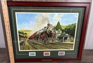 lot 251 image: Framed Steam Train Railroad Print with Commemorative Stamps
