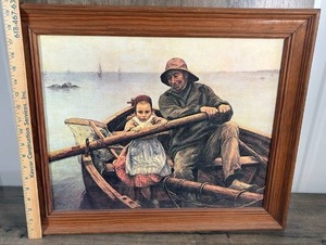 lot 252 image: Framed Maritime Scene Print with Fisherman and Child in Boat