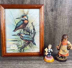 lot 148 image: Framed Kingfisher Bird Print and Traditional Folk Figurines