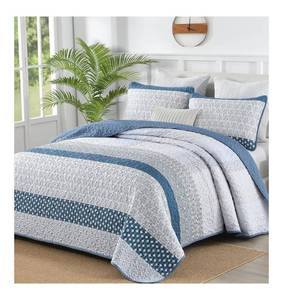 lot 4066 image: WONGS BEDDING Blue Quilt Queen Size, Bohemian Stripe Quilt Sets 3 Pieces Boho Quilted Bedspread Set Lightweight Microfiber Coverlet Bedding Set All Season (96x90)