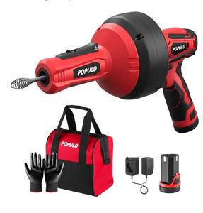 lot 4074 image: POPULO 12V Cordless Electric Drain Auger, Auto Feed Plumbing Snake Drain for Unclog Sink Drain 34-2 Pipe, 16.8 FT Snake Hair Drain Clog Remover Cleaner Tools for Shower, Kitchen, Bathtub, Sink