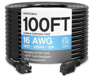lot 4105 image: 163 100 Ft Outdoor Extension Cord Waterproof, Weatherproof & Flame Retardant Black 3 Prong Power Cord Outside for Lawn & Garden, 16AWG 10A 1250W 125V SJTW ETL Listed