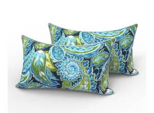 lot 4135 image: LVTXIII 2 Pack Outdoor Lumbar Pillows 12x20 Inch with White Piping, Fade Resistant Support Throw Pillows with Inserts for Patio Furniture, Sofa, Chair, Paisley Lapis Green