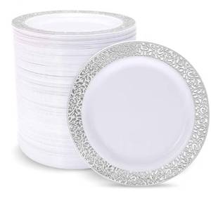 lot 4187 image: 100PCS Silver Plastic Plates (10.25 Inches) - Heavy Duty Disposable Dinner Plates with Elegant Silver Lace Edge Rim for Weddings