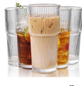 lot 4229 image: Set of 6 Oversize Ribbed Glassware, 20oz Vintage Clear Glass Tumbler, Large capacity, Origami Style