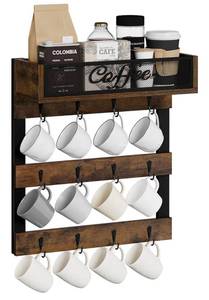 lot 4230 image: YINMIT Coffee Mug Holder with 12 Hooks, Coffee Cup Holder Wall Mounted with Top Shelf, Mug Organizer for Home Kitchen, Brown