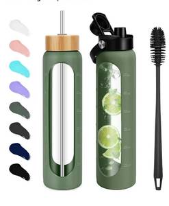 lot 4238 image: FULBEVY 32 oz Glass Water Bottles - 1 Liter Motivational Tumbler With Time Marker