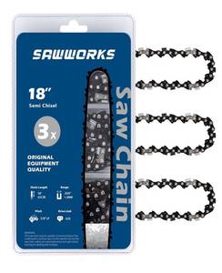lot 4262 image: SawWorks 3-Pack 18 Inch Chainsaw Chain, 38 LP Pitch .050 Gauge 62 Drive Links Fits DEWALT 60V DCCS600, DCCS672, EGO CS1800, CS1804, Poulan Pro PR4218, 581562301, Oregon S62, CS1500 and More