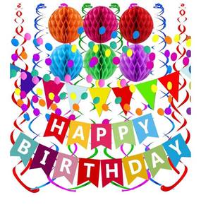 lot 4298 image: Happy Birthday Banner With Colorful Paper Flag Bunting Paper Circle Confetti Garland Swirl Streamers Honeycomb ball for Birthday Party Decorations