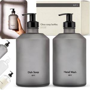 lot 4327 image: KIVY Glass Soap Dispenser Set INCL. Waterproof Labels - Glass Soap Dispenser with Pump - Hand Soap and Dish Soap Set - for Kitchen, Shower & Bathroom - Refillable (Matte Black)