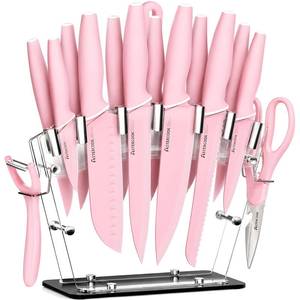 lot 4334 image: Astercook Knife Set with Block and Sharpener, 22 Piece Kitchen Knife Set Dishwasher Safe, Space-Saving Clear Knife Block with Knives for Everyday Home Cooking Pink