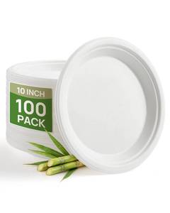 lot 4354 image: Goodluck 10 Inch White Compostable Paper Plates 100 Pack, 100% FSC Certified Heavy Duty Bagasse Plates, Eco Friendly Disposable Sugarcane Plates for Party, Wedding, BBQ, Catering & Everyday Use