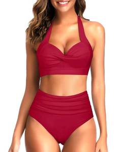 lot 4359 image: Tempt Me Womens Vintage Swimsuits Red Retro Halter Ruched High Waist Bikini with Bottom M