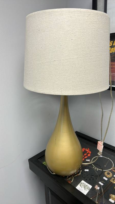 lot 50521 image: Modern Brass Teardrop Table Lamp with Fabric Shade