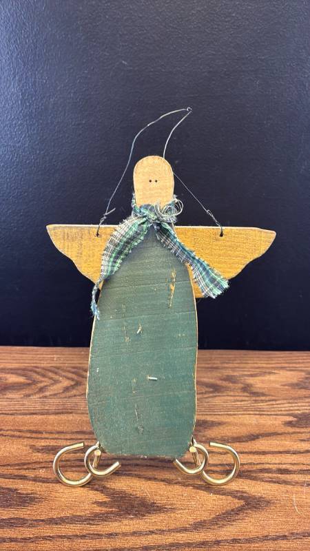lot 5310 image: Handmade Wooden Angel Ornament with Fabric Scarf