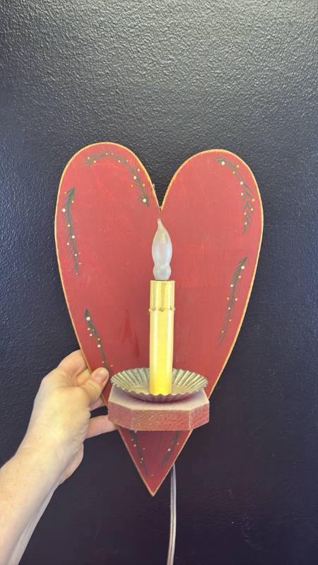 lot 5334 image: Red Heart Shaped Wood Electric Candle Holder with Floral Design