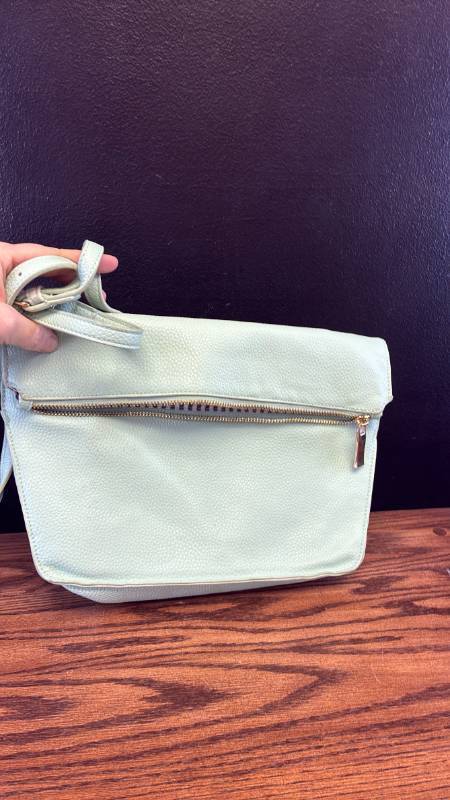 lot 5394 image: Light Blue green Leather Fold-Over Crossbody Bag with Striped Interior