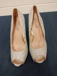 lot 58352 image: Camille La Vie gold rhinestone peep-toe pumps - 7.5