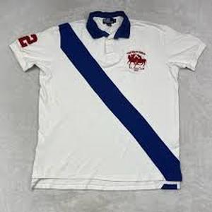 lot 58251 image: Polo Ralph Lauren White Color Block 2 Patch Shirt with a blue diagonal stripe - 2XLT