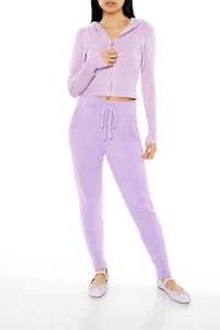 lot 58273 image: lavender Forever 21 fleece joggers and a matching cropped zip-up hoodie - L