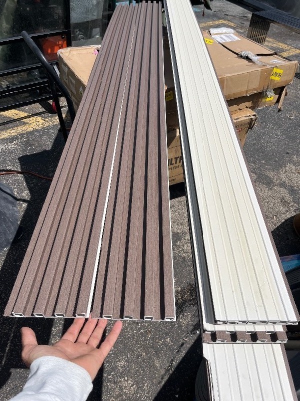 lot 109 image: Bundle of 8 Pieces of WPC FLUTED SLAT WALL PANEL - Light Brown - PVC Weather Proof Great for indoor or Outdoor 8 x 5
