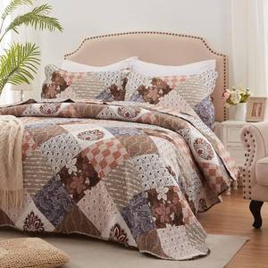 lot 6417 image: $55 King Size Quilt Set 3 Pieces 98x106 Floral Coverlet Brown