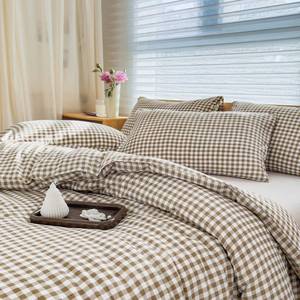 lot 6461 image: NSNLGSGC Queen Comforter Set, Tan Gingham, Brown Grid, 3 Pieces
