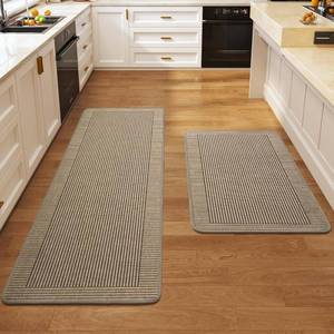lot 6462 image: Kitchen Rugs Set of 2, Non-Slip Mats, 17x30  17x47, Brown