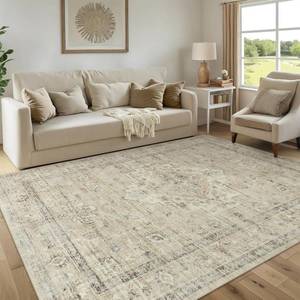 lot 6589 image: $63 LIVEBOX Washable Area Rug 8x10, Non-Slip Boho Neutral Carpet, Tan