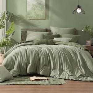 lot 6633 image: $114 Sage Green Queen 7-Piece Cationic Dyeing Bed-in-a-Bag Bedding Set