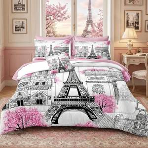 lot 6652 image: $80 Bedbay 4-Piece Pink Comforter Set - Full Size Paris Theme