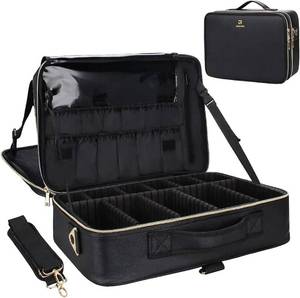 lot 6663 image: Relavel Large Makeup Case 16.5in Train Case, 3-Layer, Strap