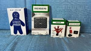 lot 2140 image: Office Novelty Gift Bundle with Boss Stress Toy and Conference Call Bingo Mouse Pad