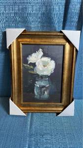 lot 8094 image: White Flowers in Glass Vase Framed Wall Art