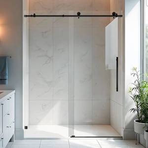 Frameless Sliding Glass Shower Door, 56-60" W x 76" H, 5/16" (8mm) Clear Tempered Glass Bathroom Sliding Door, Stainless Steel Hardware, Matte Black Finish - Retail: $409