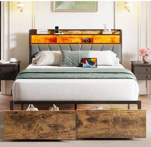 Queen Bed Frame with Wood Headboard, Metal Platform Bed with LED Lights & Charging Station, 2 Storage Drawers, Sturdy and Easy Assembly, Under Bed Space, No Box Spring Needed, Noise Free, Brown - Retail: $179