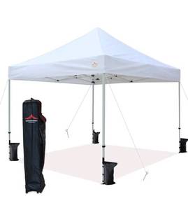 lot 16865 image: 10x10 Pop Up Canopy Tent Commercial Instant Shelter with Heavy Duty Roller Bag, 4 Canopy Sand Bags, 10x10 FT White - Retail $185