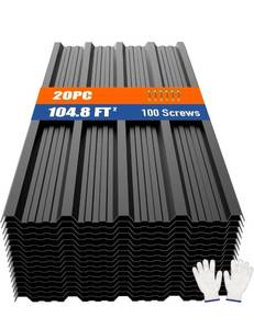 lot 16867 image: Metal Roofing Panels 20pcs 104.8 ft�, Black Corrugated Galvanized Steel Roof Panels with Screw, Heavy Duty Metal Siding Suitable for Garages Chicken Coop Sheds Stables Patio - Retail $155