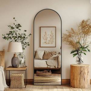 lot 16873 image: Antok 56 x14 Arched Full Length Floor Mirror, Black Aluminum Frame, Free StandingWall MountLeaning for Bedroom, Living Room, Dressing Room - Retail $0