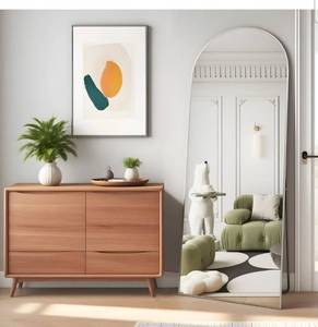lot 16874 image: Full Length Mirror, 56x16 Arch Floor Mirrors with Stand, White Arched Full Body Standing or Leaning Mirror for Bedroom, Living Room - Retail $0