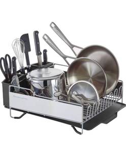 lot 16885 image: KitchenAid Large Capacity Full Size Rust Resistant Dish Rack with Angled Drain Board and Removable Flatware Caddy, Light Grey - Retail $79
