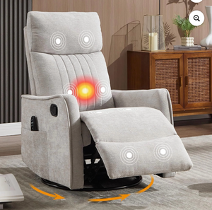 lot 16894 image: Rocker Recliner Chair with Heat Massage - Manual Swivel Recliner, Lumbar Heat, 8 Vibration Points, Fabric for Living Room, Bedroom White Chenille, Not Grey - Retail $299
